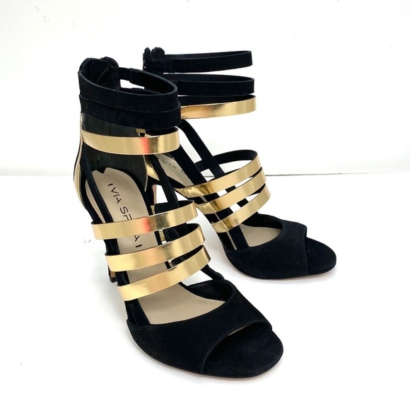 Via Spiga Suede Strap High Heel Sandal in Gold & Black - Picture 2 of 11